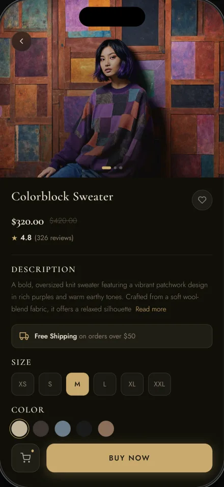 Mobile shopping app checkout and cart interface
